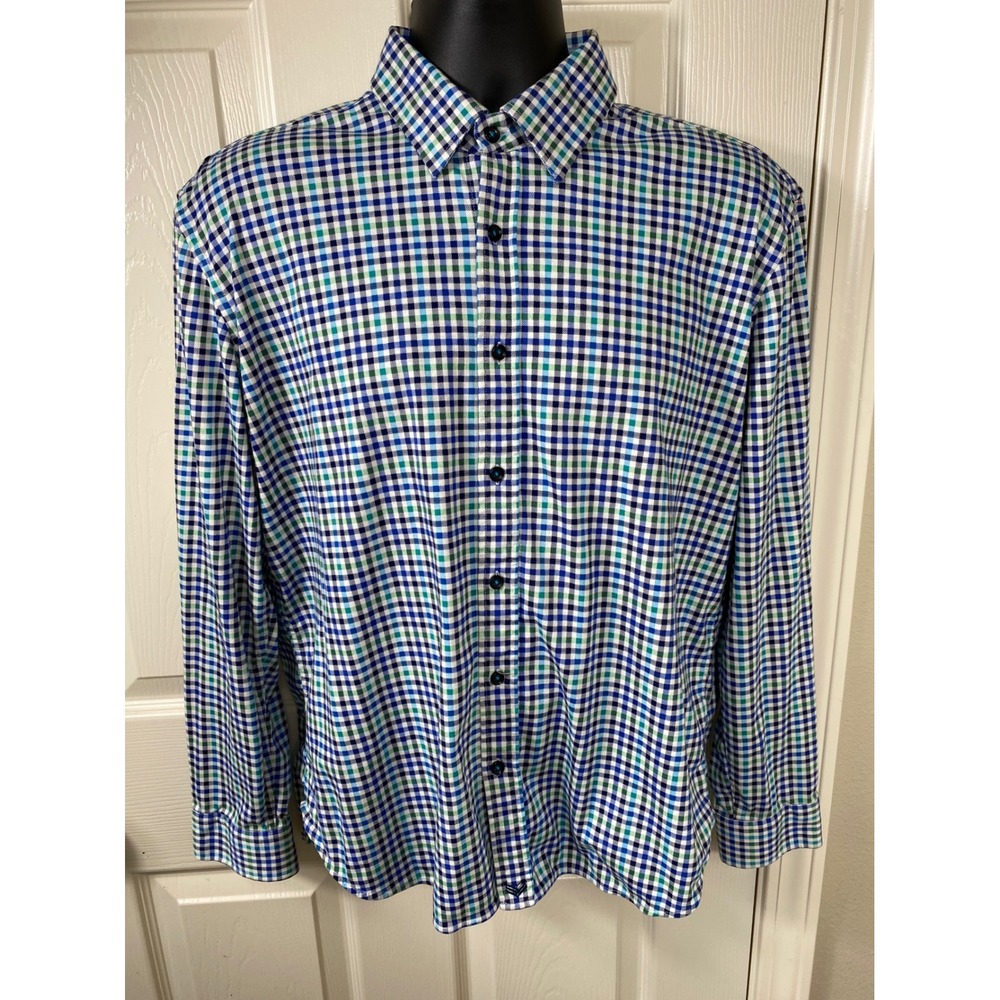 Butter Cloth Button Down Shirt Long Sleeve Checkered Pattern Blue Green Large‎